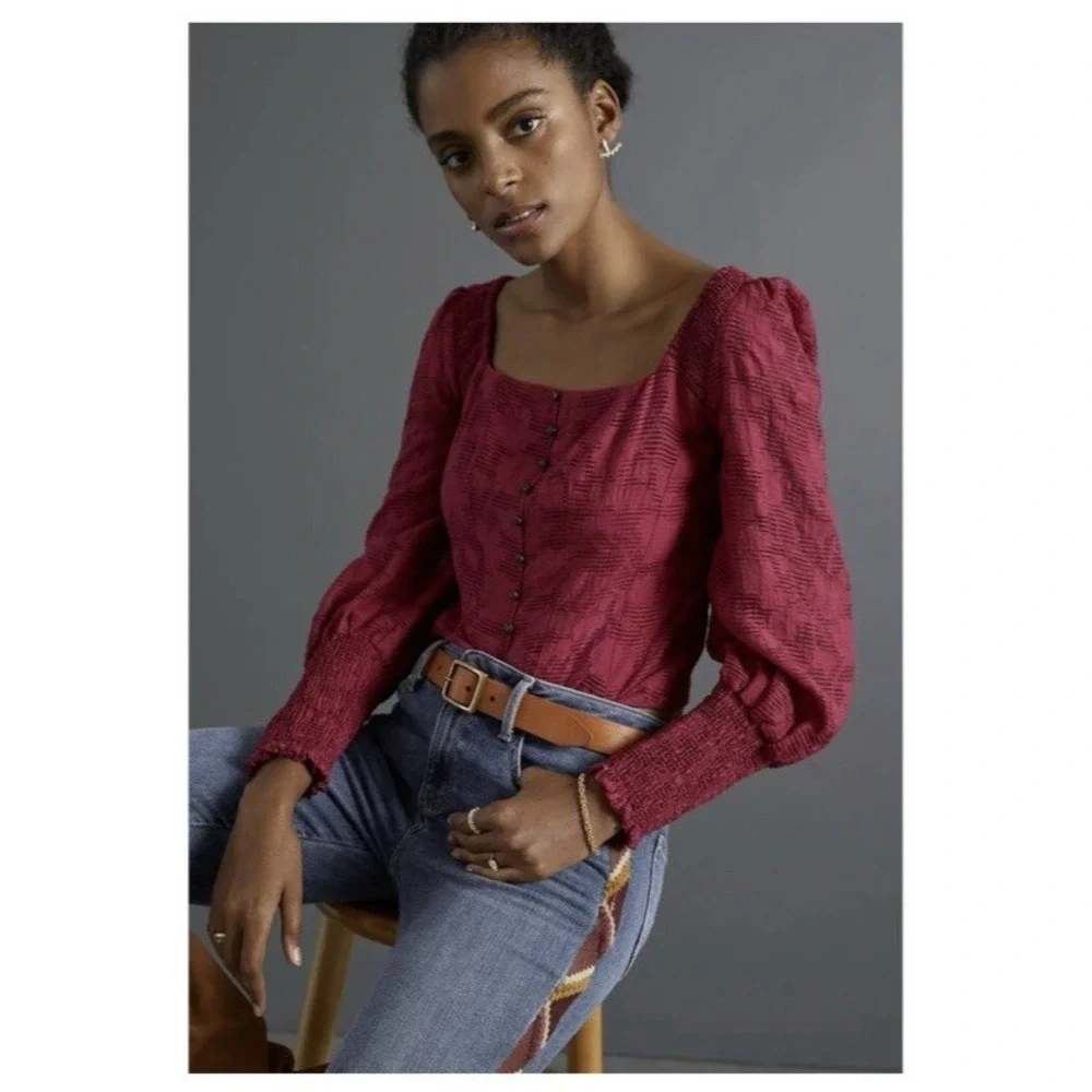 Anthropologie Women Blouse Size XS Cranberry Romantic Puff Sleeve Office casual‎